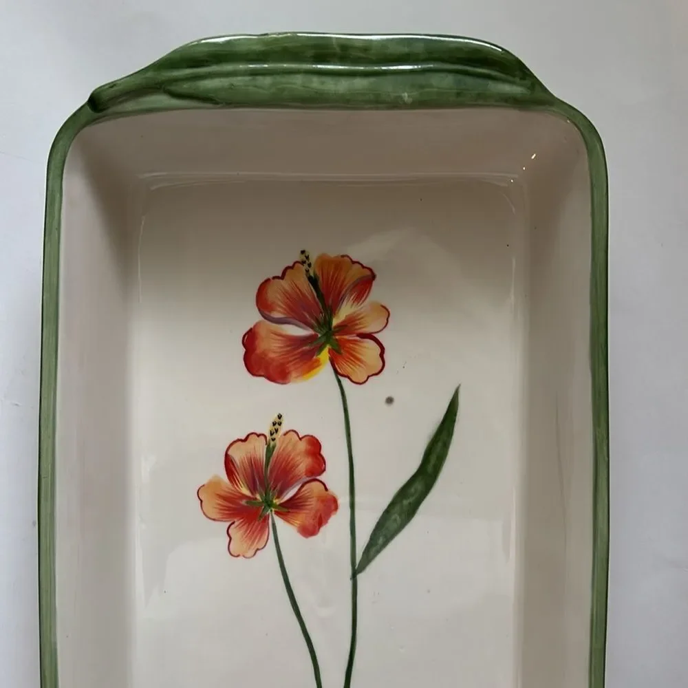 Fitz and Floyd In Bloom Floral Stripe Ceramic Rectangle Baking Casserole Dish